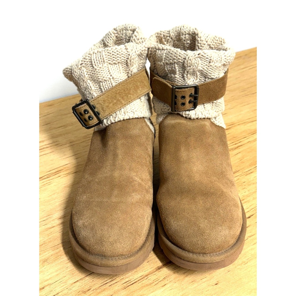 UGG Australia Isla Chestnut Suede Cable Knit Buckle Ankle Boots  Womens 8